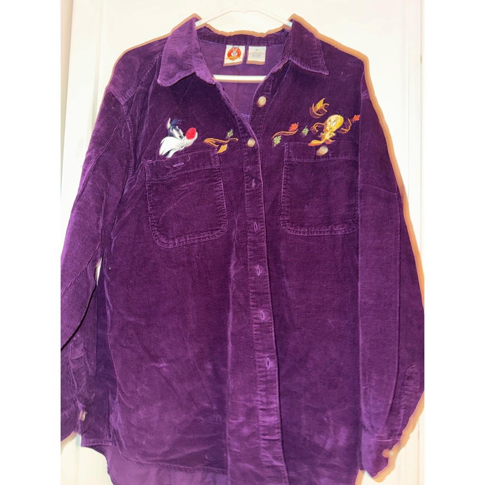 Looney Tunes Purple Corduroy Embroidered Sylvester Tweety Shirt XL Cotton 90s